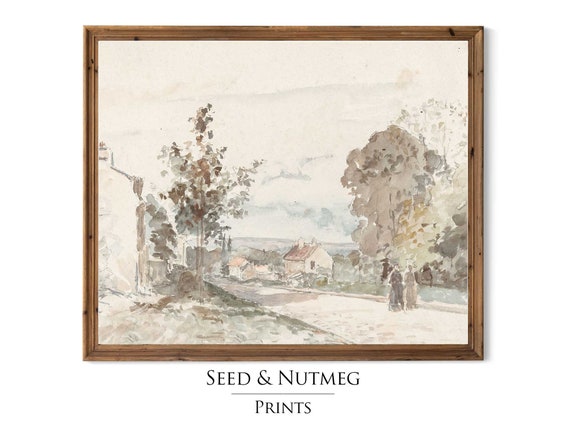 Vintage Watercolor Village Art Prints Antique Oil Painting Muted Neutral Minimalist Wall Art 241