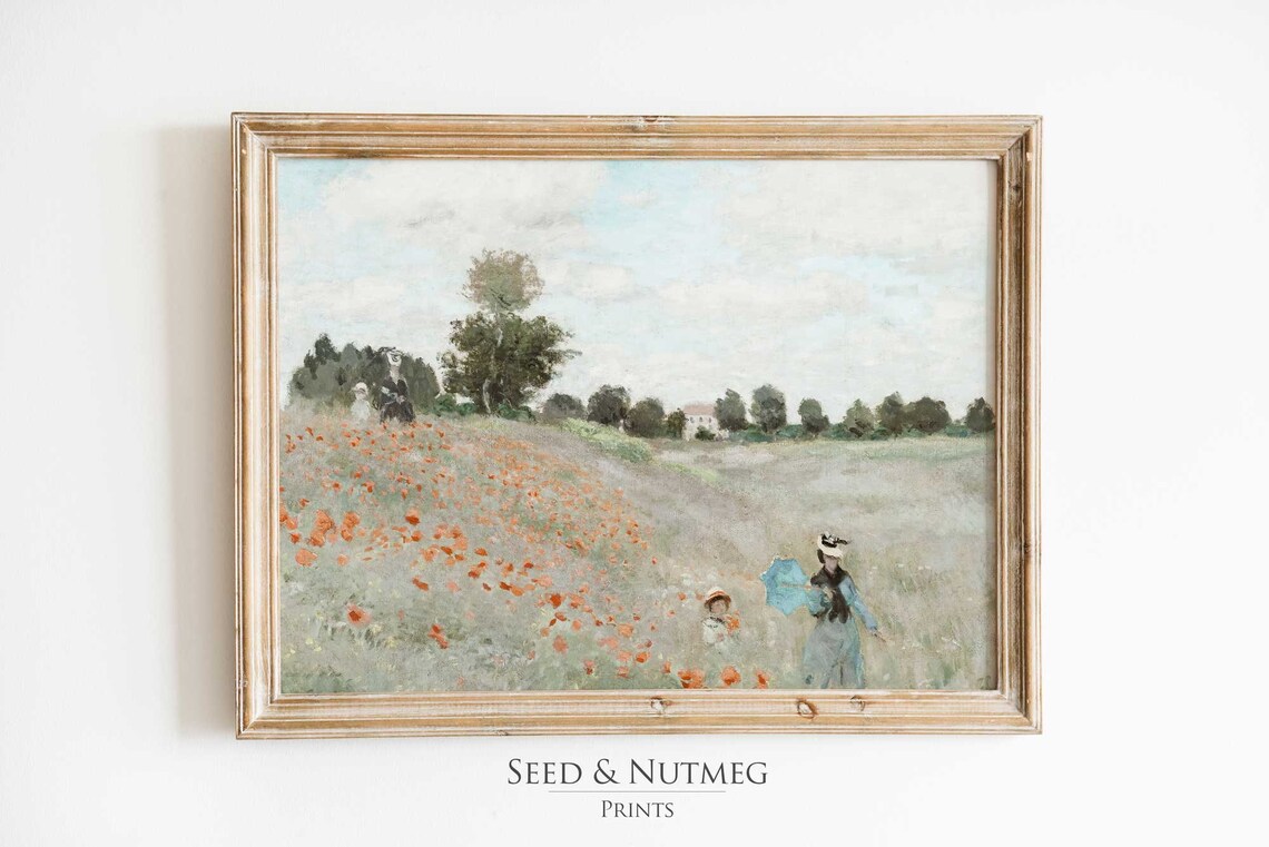 Poppy Field Figures Impressionist Summer Bloom Vintage Landscape Poster
