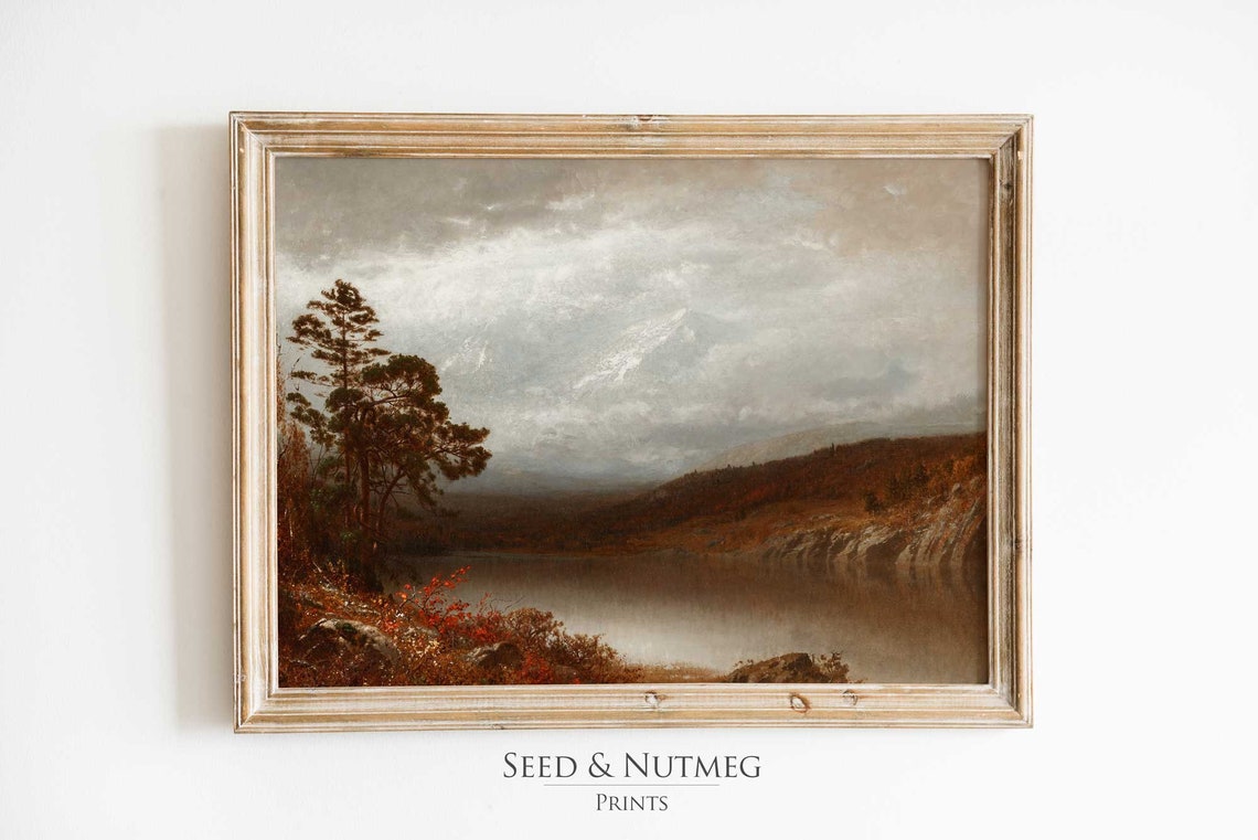 Moody Autumn Lake With Dark Pine Forest Vintage Painting Poster