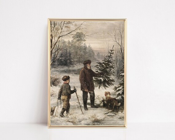 Cutting the Christmas Tree Family Vintage Winter Holiday Art Print