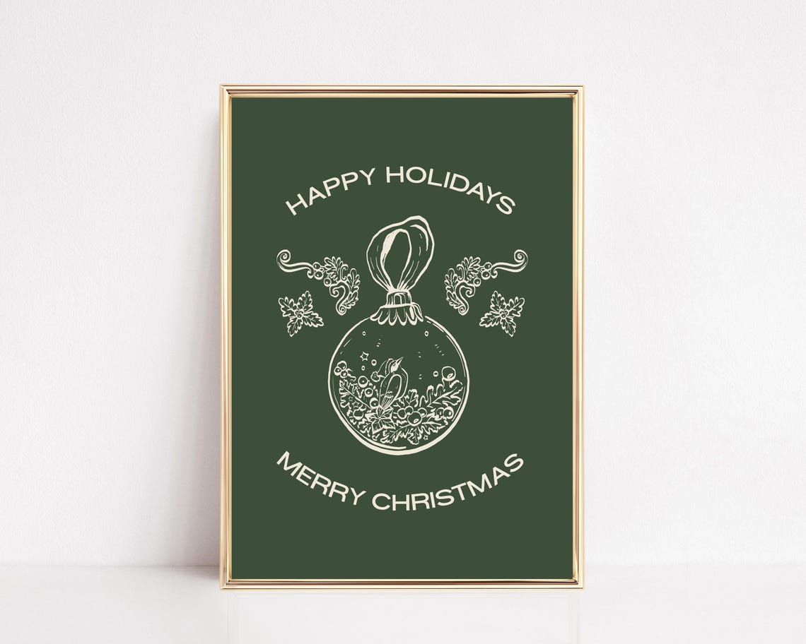 Happy Holidays Merry Christmas Green Ornament Holiday Poster