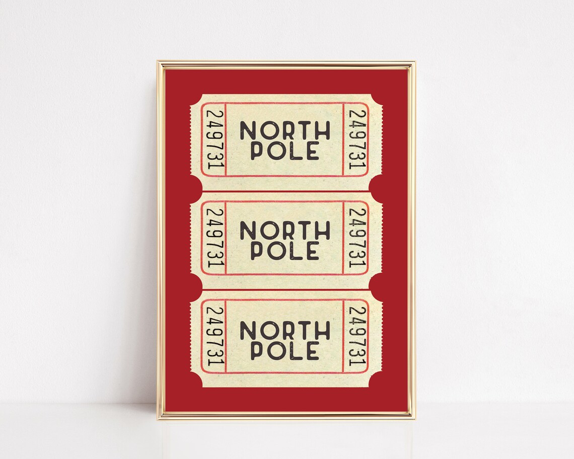 North Pole Ticket Art Print, Christmas Wall Art