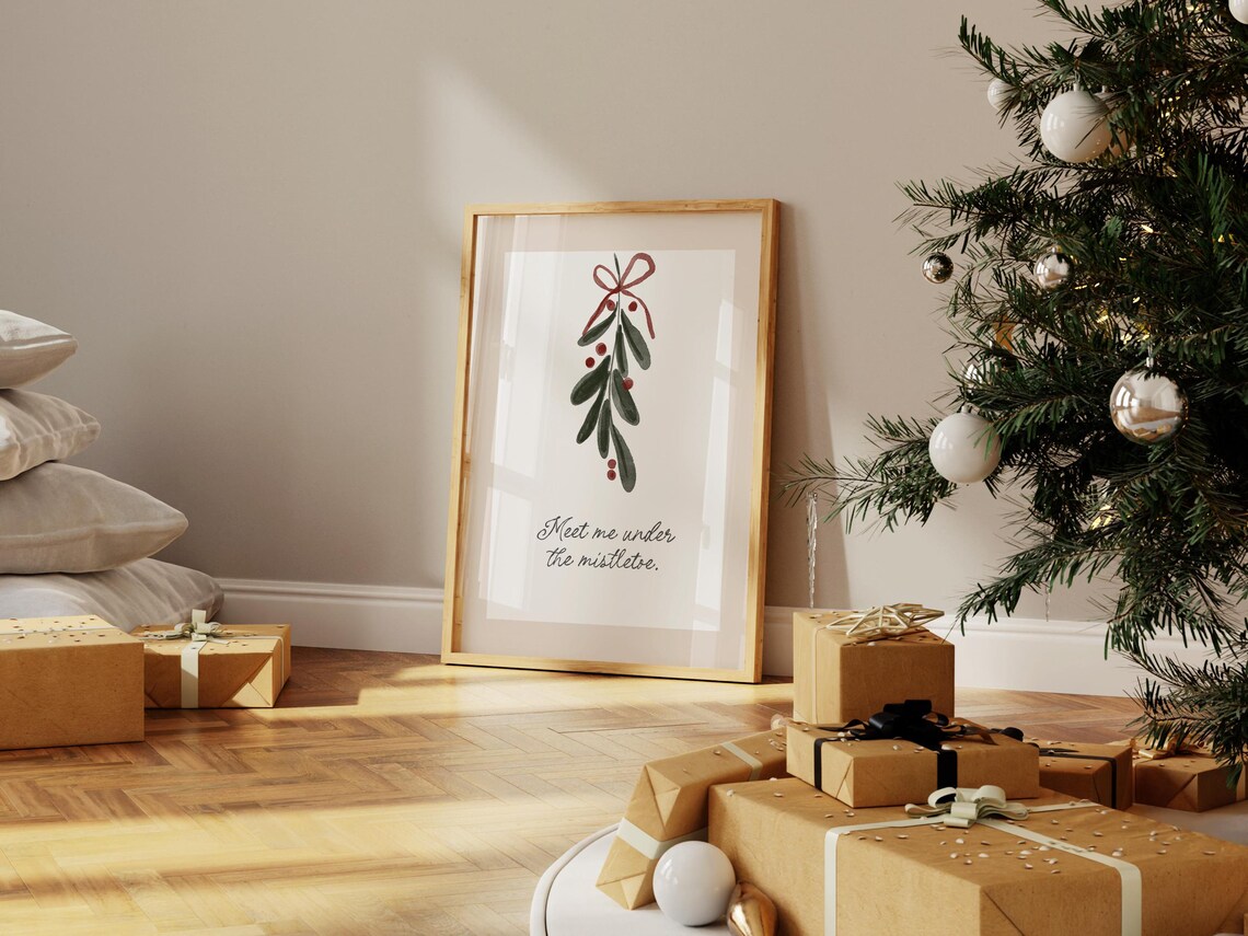 Meet Me Under The Mistletoe Watercolor Sprig Sweet Holiday Print - Image 3