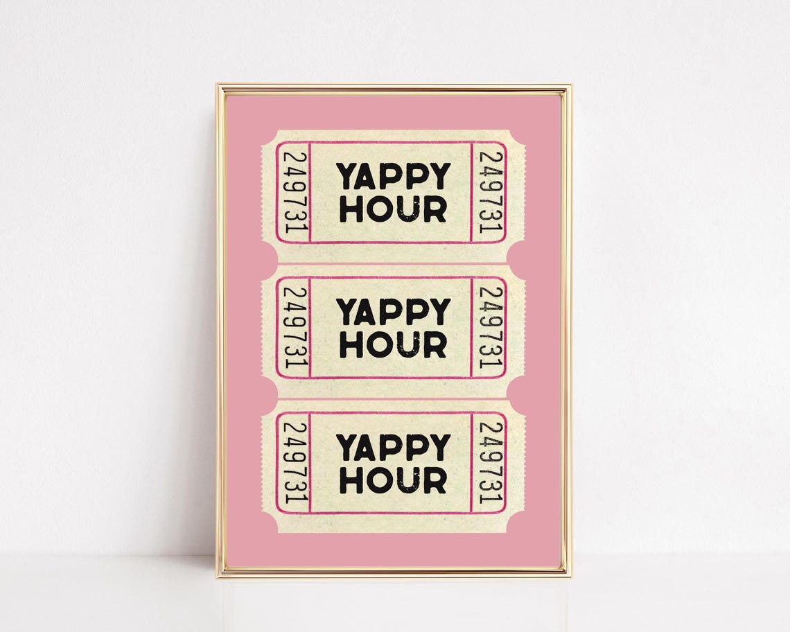 Yappy Hour Pink Ticket Stub Retro Bar Cart Dog Lover Decor Poster
