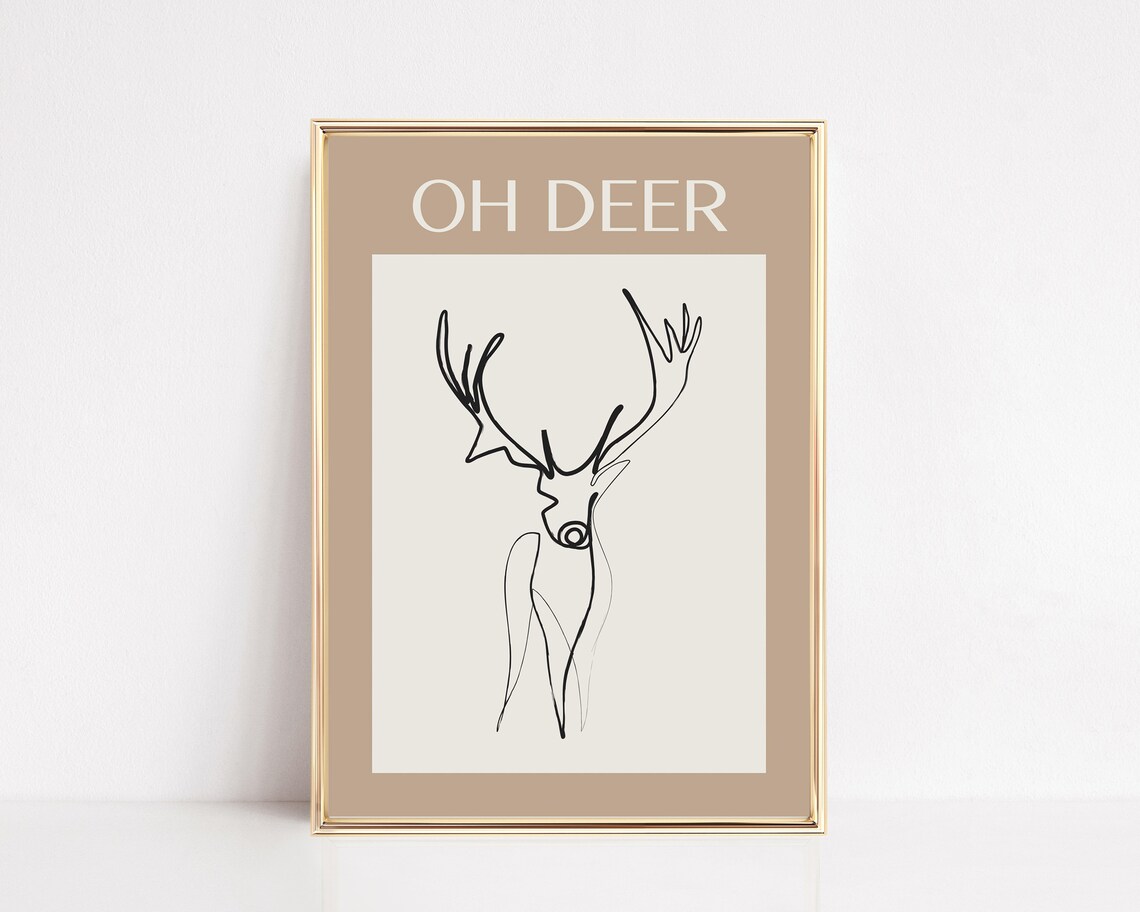 Neutral Christmas Deer Wall Art, Boho Line Art Print