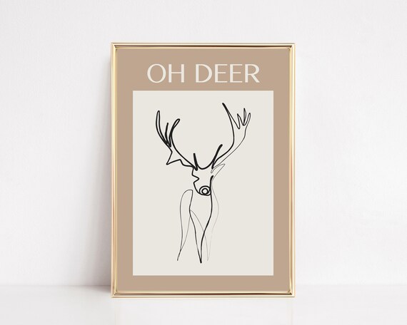 Neutral Christmas Deer Wall Art, Boho Line Art Print