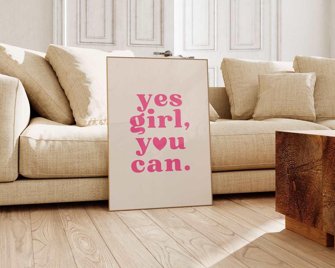 Yes Girl You Can Affirmation Poster, Retro Pink
