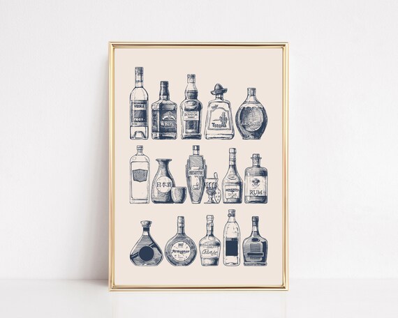 Bar Cart Navy Wall Art, Aesthetic Bar Cart Art Print