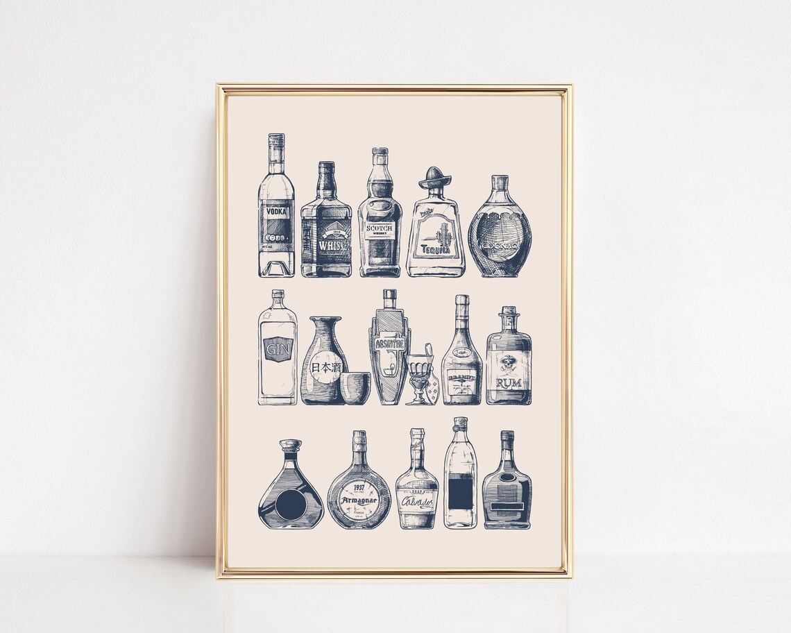 Bar Cart Navy Wall Art, Aesthetic Bar Cart Art Print
