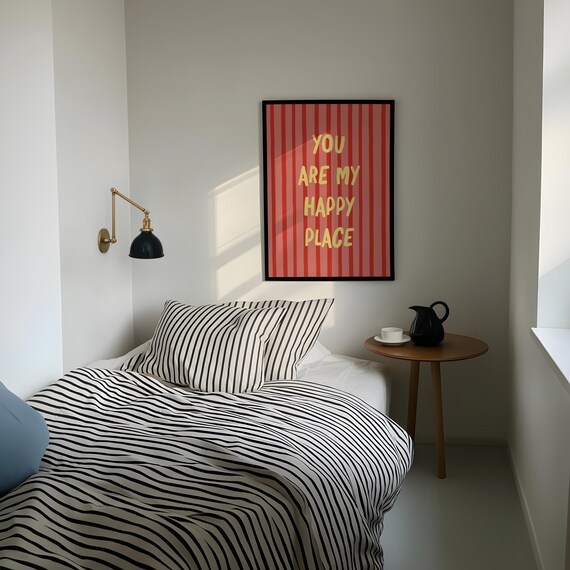You Are My Happy Place Red Striped Positive Quote Bedroom Wall Art
