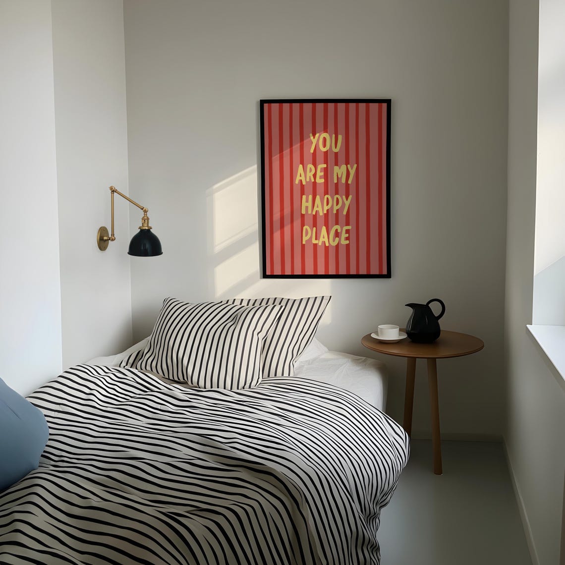 You Are My Happy Place Red Striped Positive Quote Bedroom Wall Art