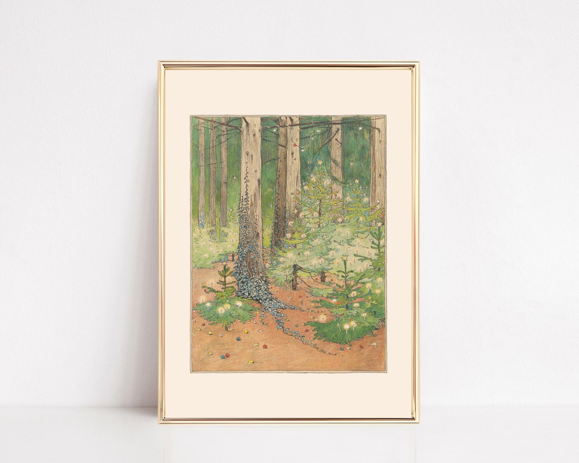 Vintage Christmas Trees Woodland Forest Illustration Holiday Wall Art