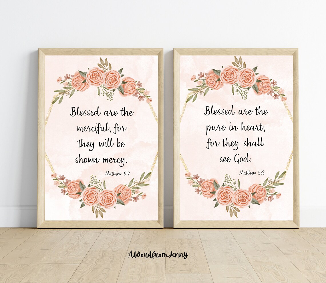 Blessed Are the Merciful Pure in Heart Beatitudes Floral Poster - Image 3