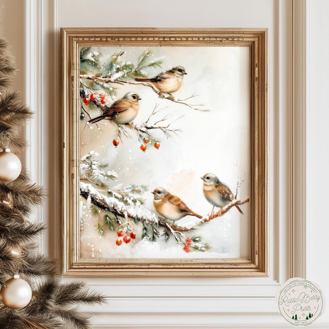 Winter Songbirds Snowy Pine Branch Red Berries Vintage Art Print