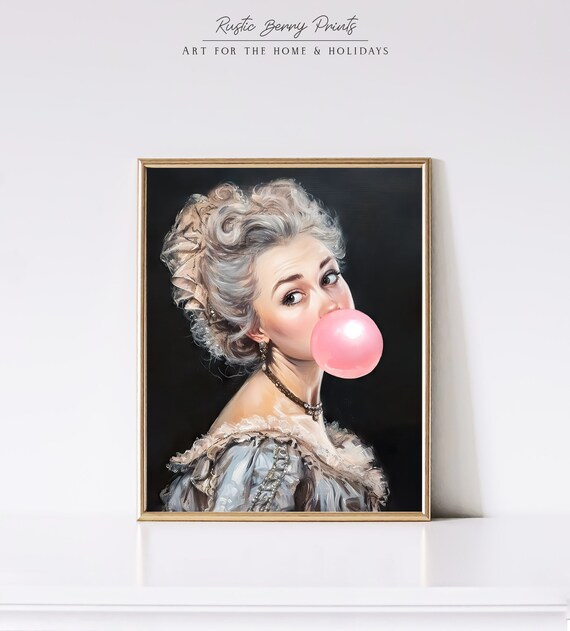 Altered Art Vintage Painting Victorian Portrait Bubble Gum Funny Wall Art Vintage Art Print Instant