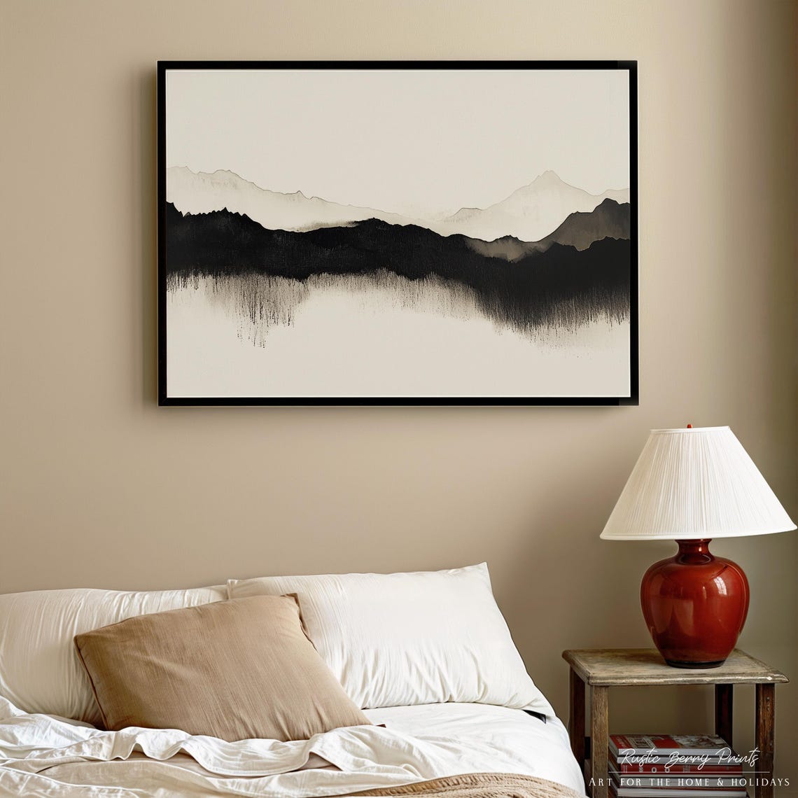 Black White Ink Wash Mountain Ridges Minimalist Asian Style Art Poster