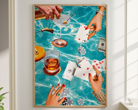 Vintage Blue Playing Cards, Retro Bar Cart Art Print
