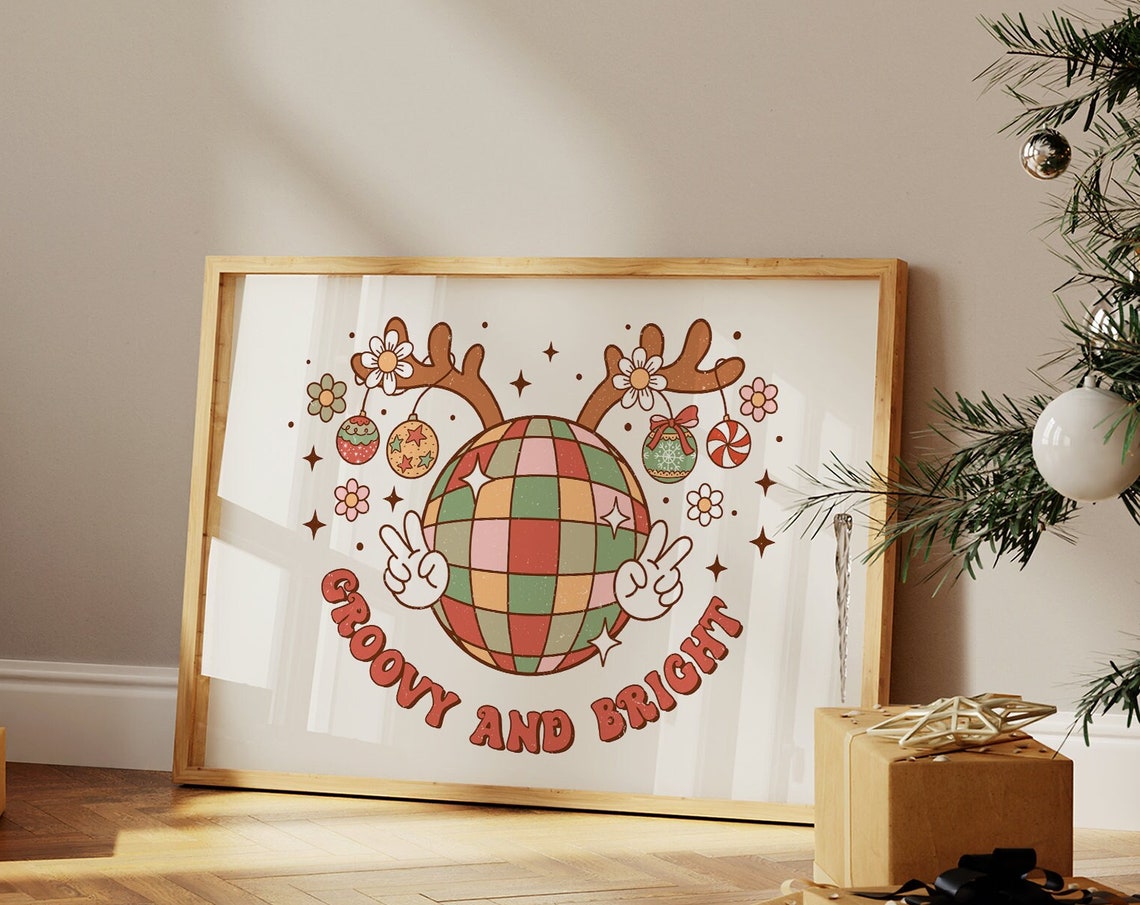 Groovy And Bright Disco Ball Reindeer Christmas Peace Poster
