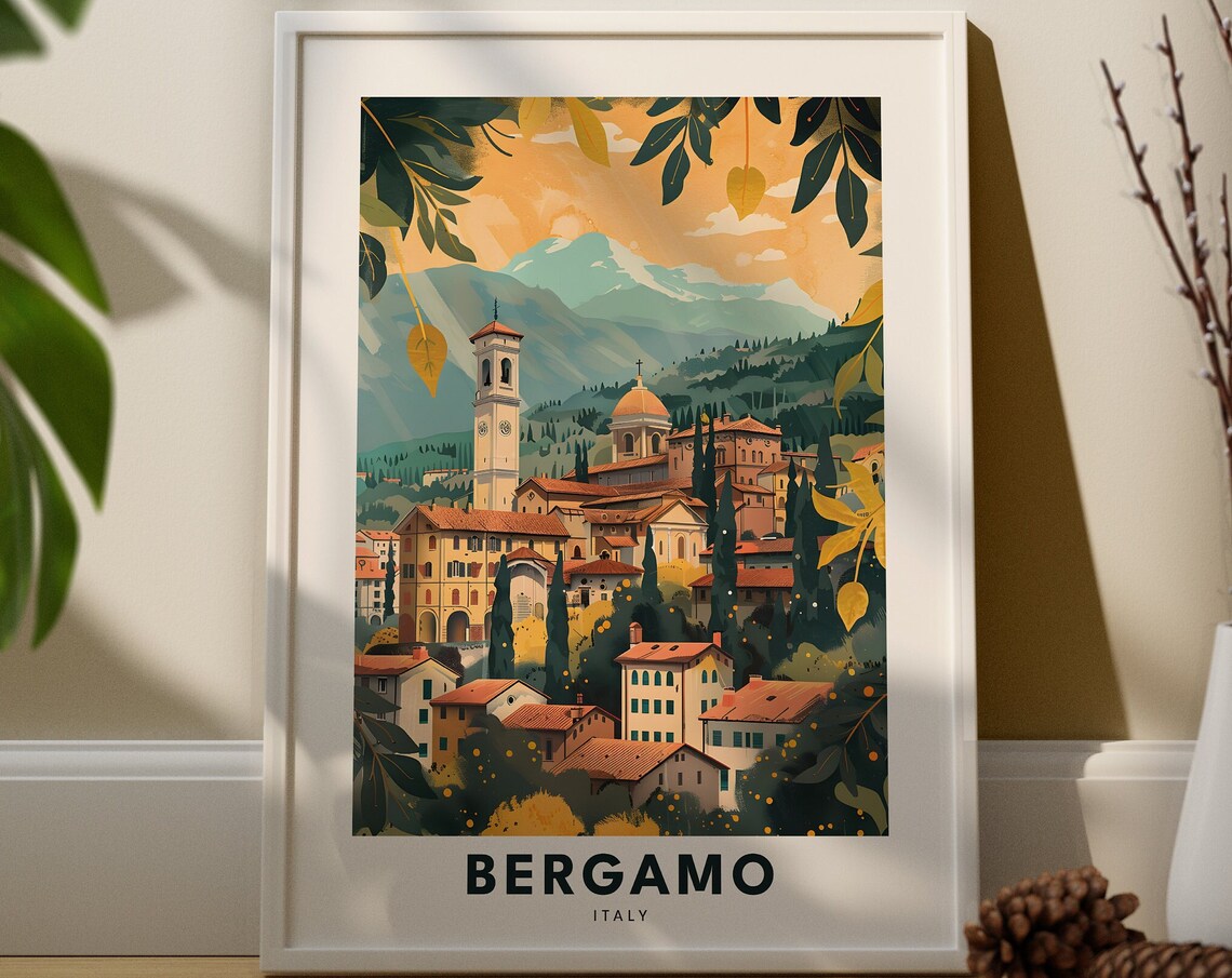Bergamo Italy Travel Poster Hilltop Old Town Bell Tower Autumn Art
