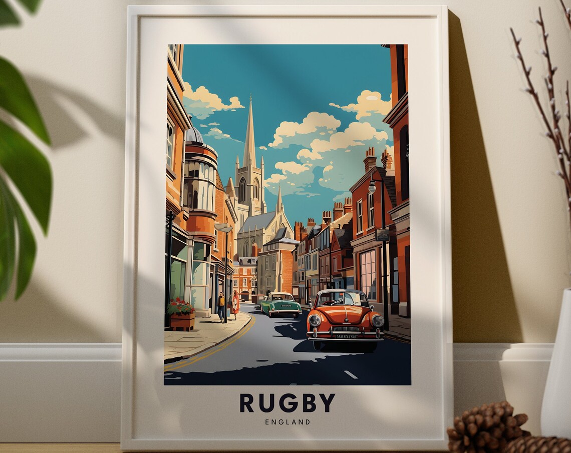 Rugby England Vintage Street Church Spire Classic Cars Travel Poster