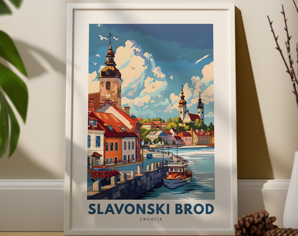 Slavonski Brod Croatia Travel Poster Riverside Old Town Harbor Scene