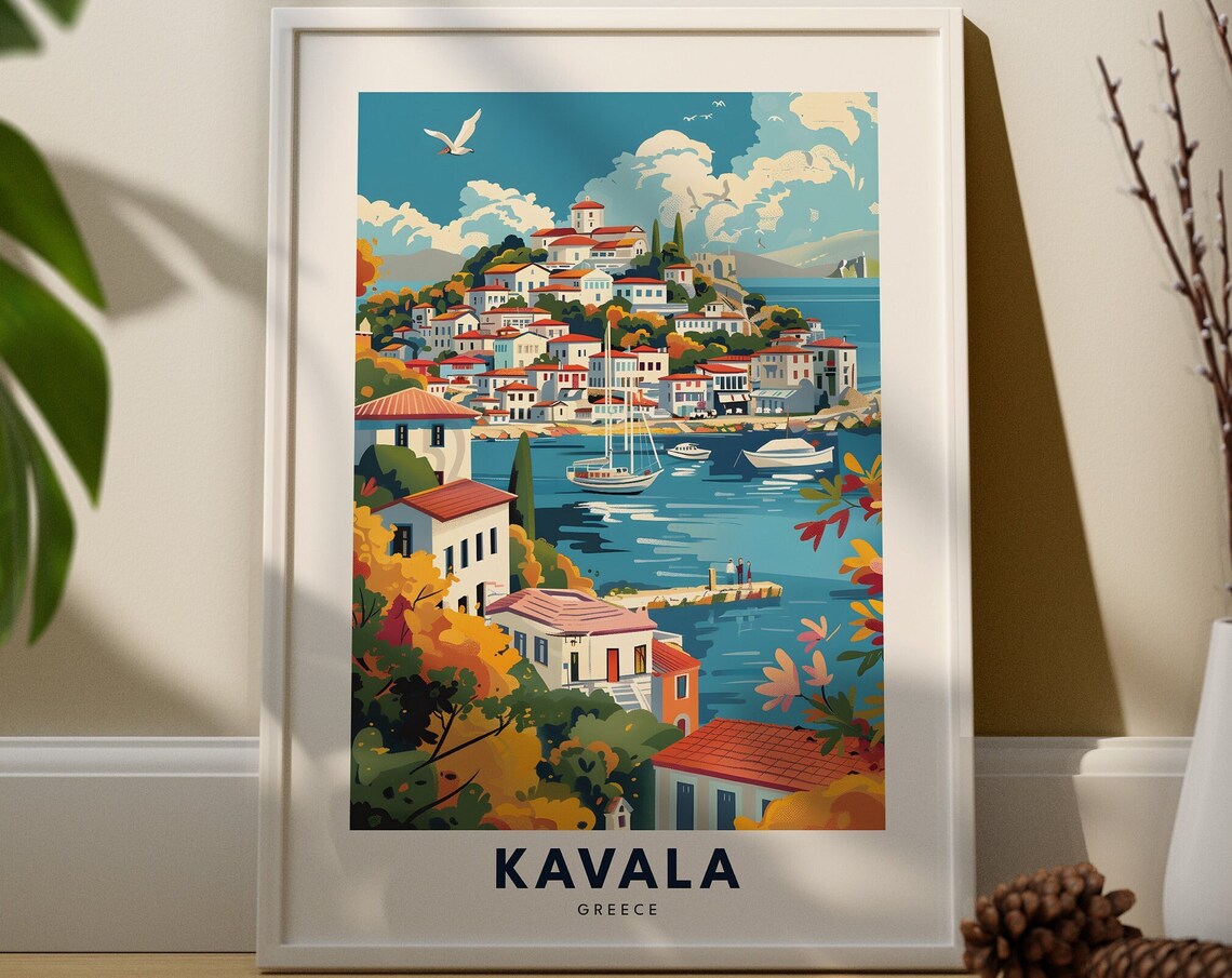 Kavala Greece Coastal Harbor Town Vintage Travel Poster Seaside Art