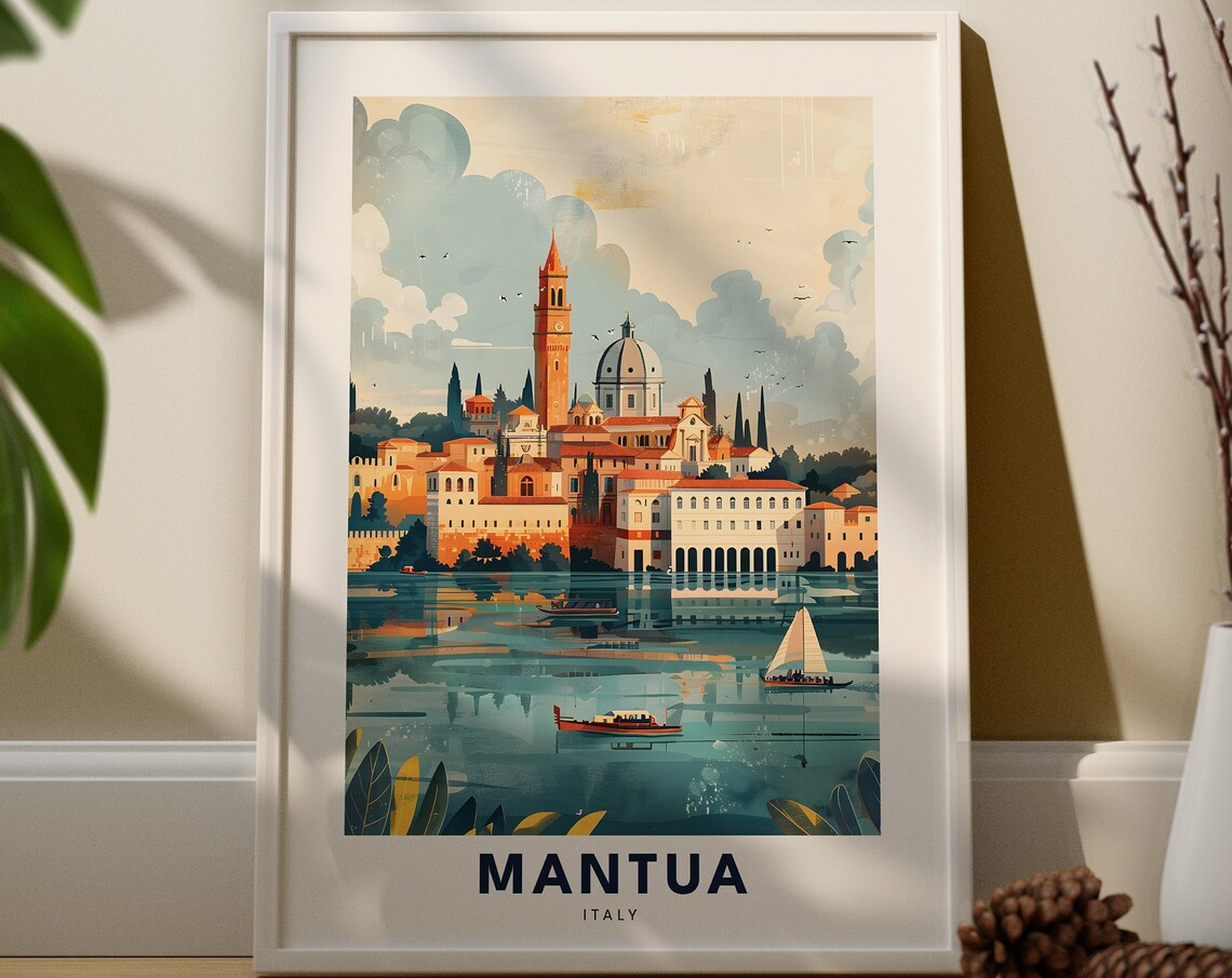 Mantua Italy Lakeside Skyline Sailboats Vintage Travel Poster