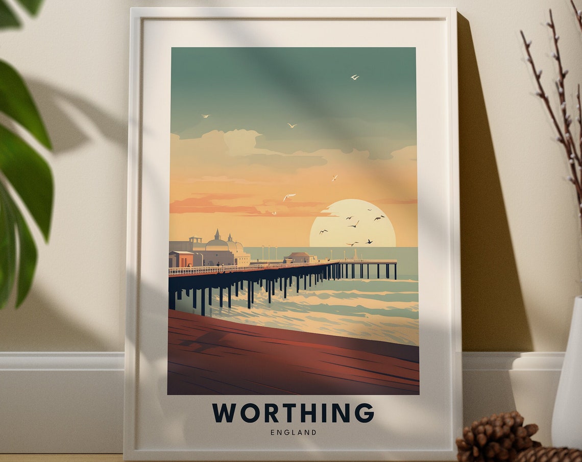 Worthing England Golden Sunset Pier Seagulls Seaside Travel Poster
