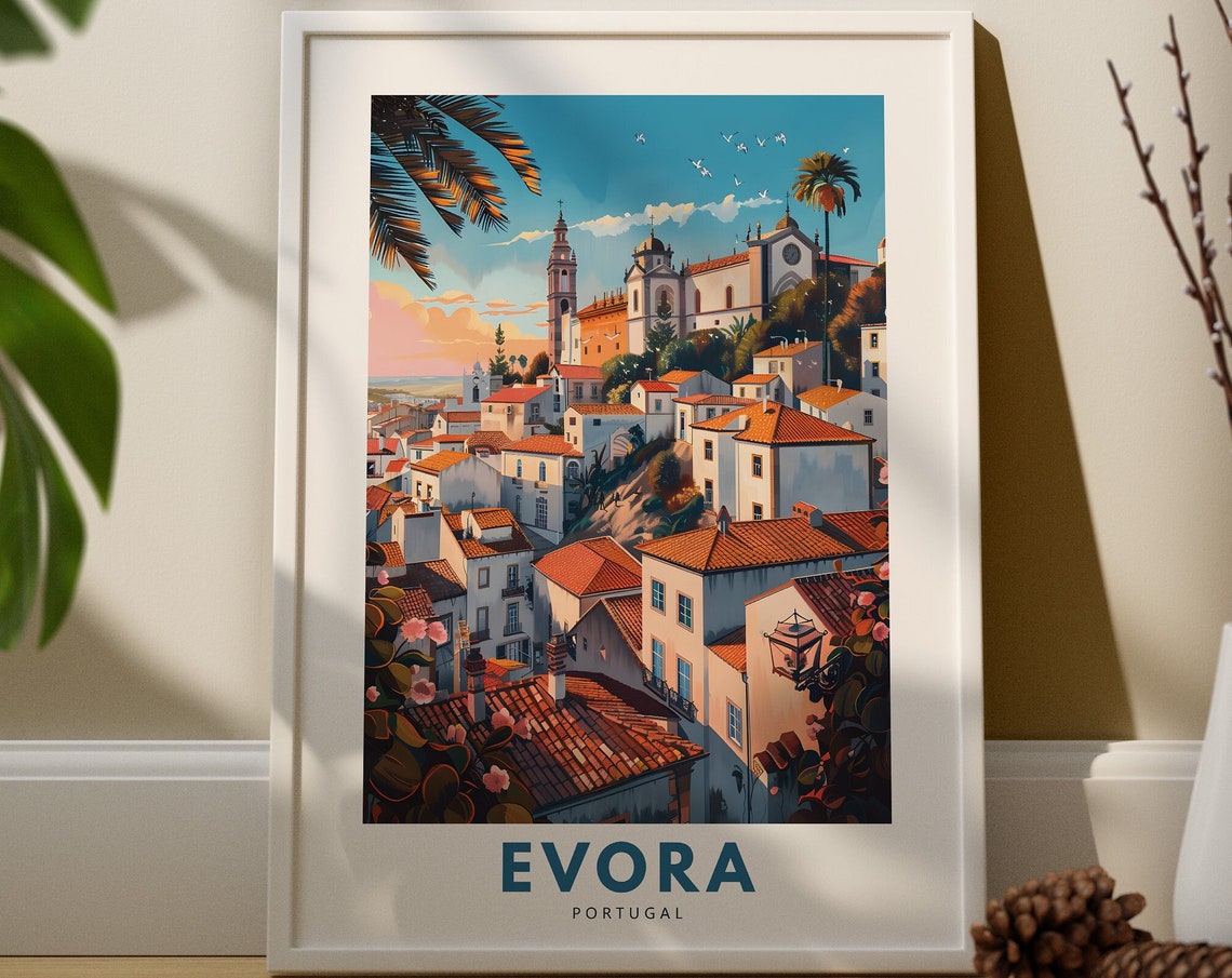 Evora Portugal Hillside Old Town Churches Terracotta Travel Poster