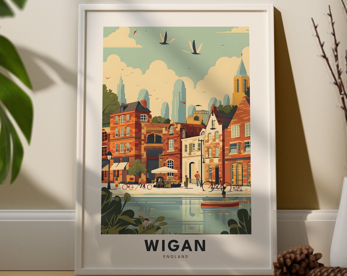 Wigan England Vintage Canalside Town Illustration Travel Poster