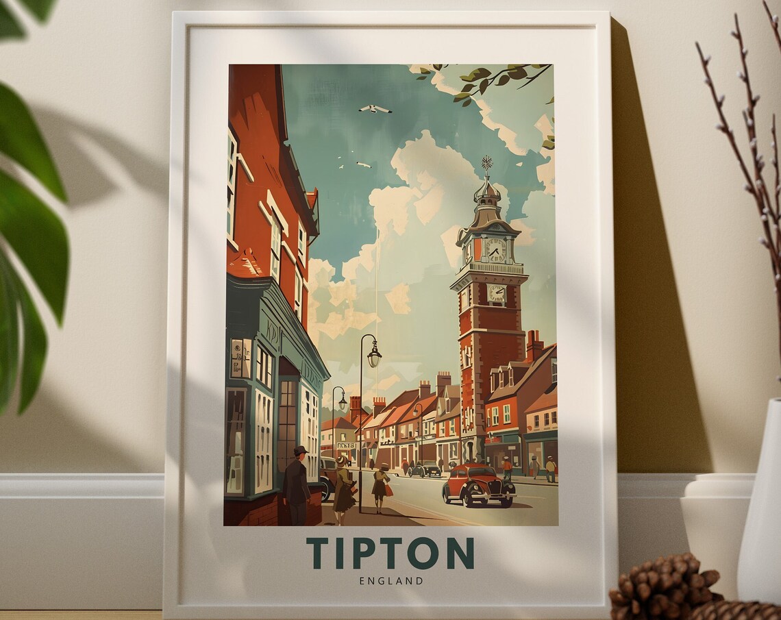 Tipton England Clock Tower High Street Vintage Cars Travel Poster