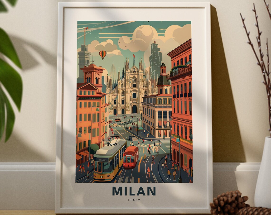 Milan Italy Duomo Cathedral Tram City Street Vintage Travel Poster