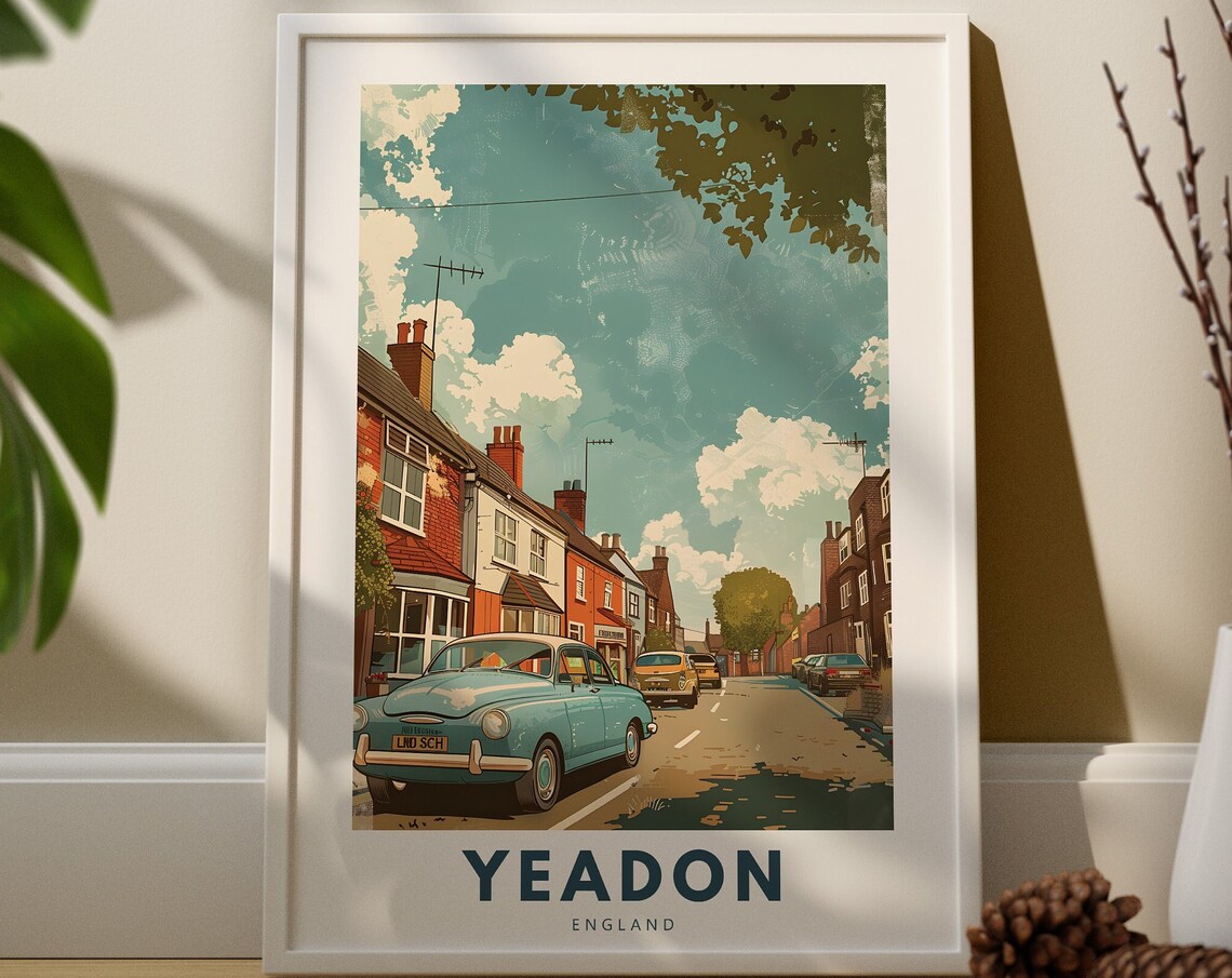 Yeadon England Vintage High Street Classic Car Travel Poster