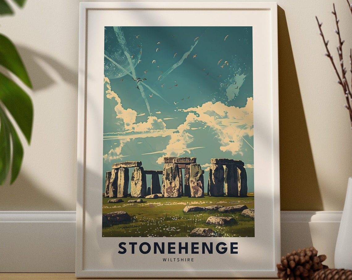 Stonehenge Wiltshire Birds Clouds Minimalist Painterly Travel Poster