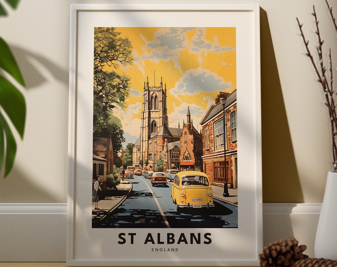 St Albans England Travel Poster Vintage Street Classic Cars Sunset Art