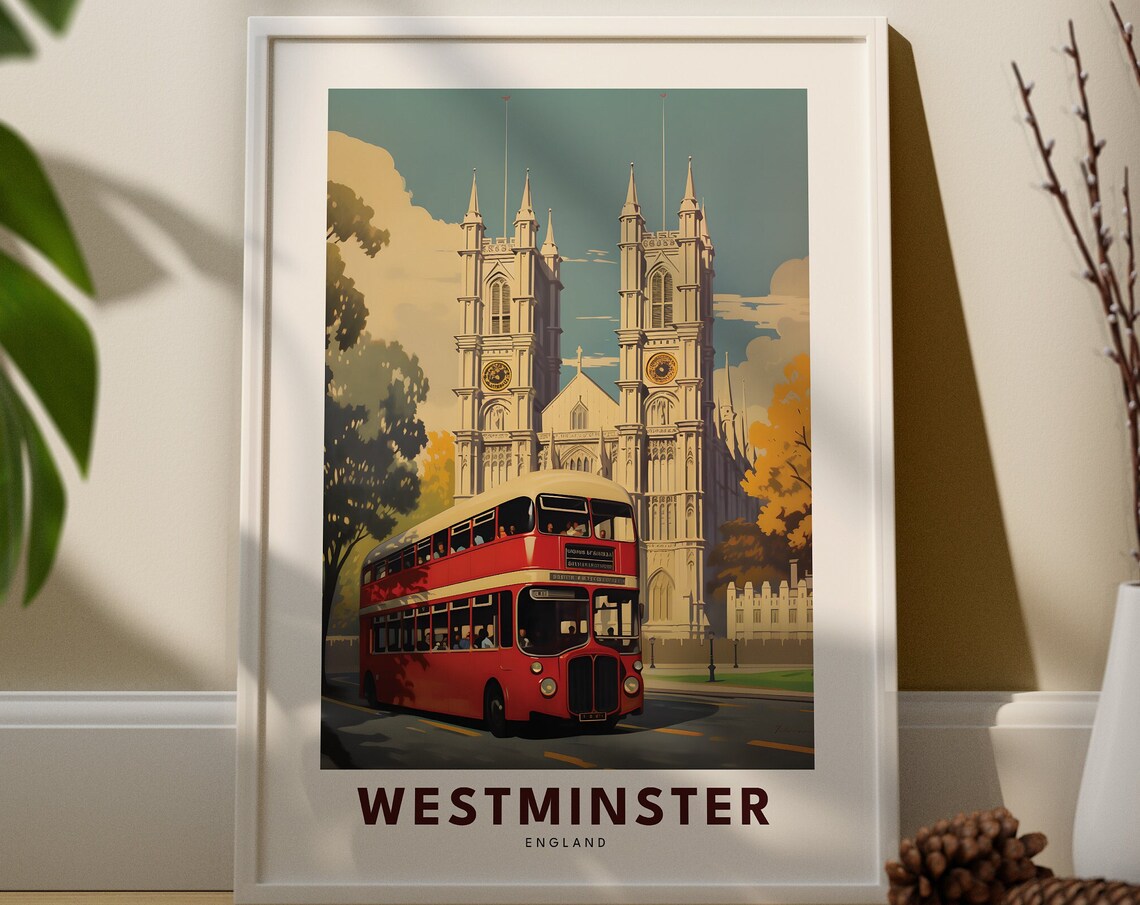 Westminster Abbey London Red Bus Retro Travel Poster England View