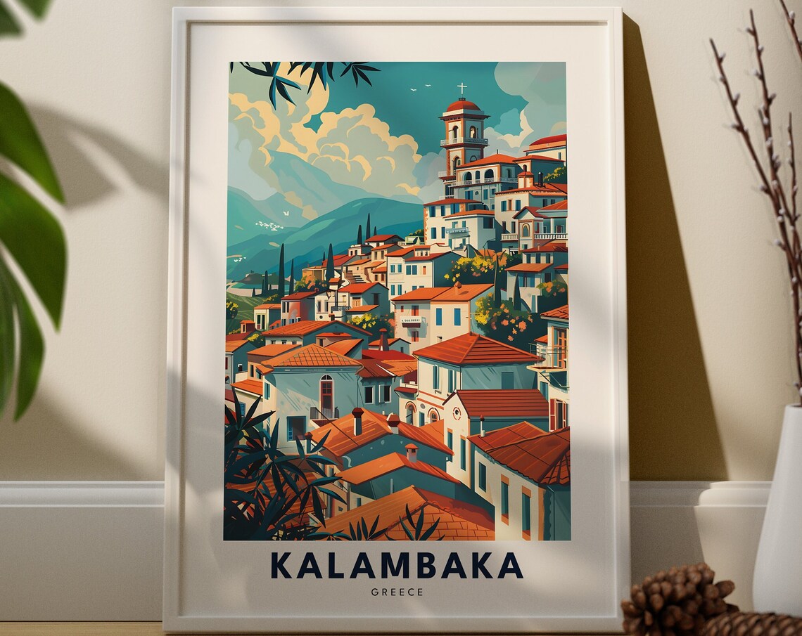 Kalambaka Greece Village Bell Tower Travel Poster Mountain View