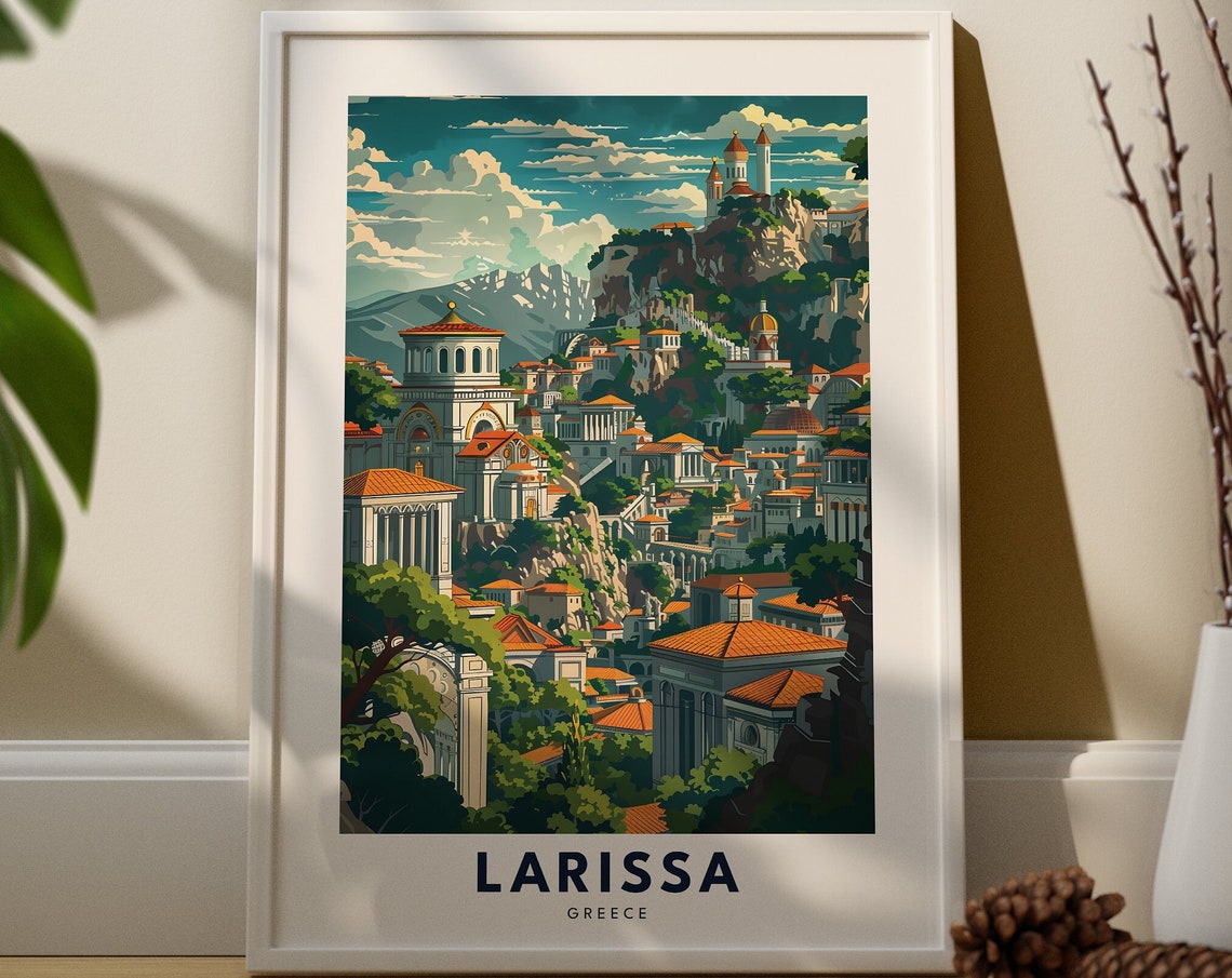 Larissa Greece Hillside Churches Retro Vintage Travel Poster Town Art