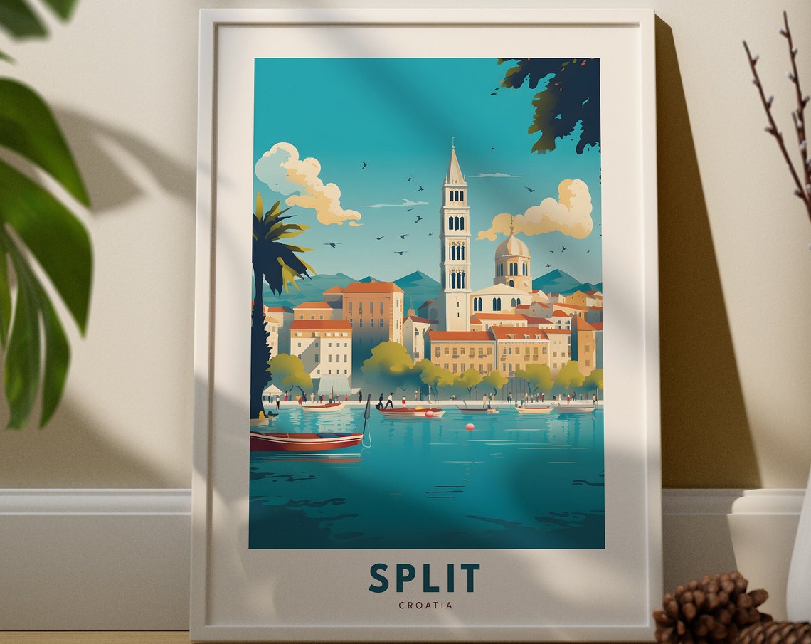 Split Croatia Harbor Bell Tower Travel Poster Coastal Town View