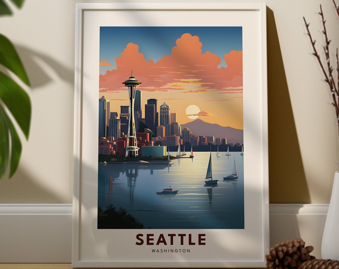 Seattle Washington Vintage Travel Poster Space Needle Sunset Scene