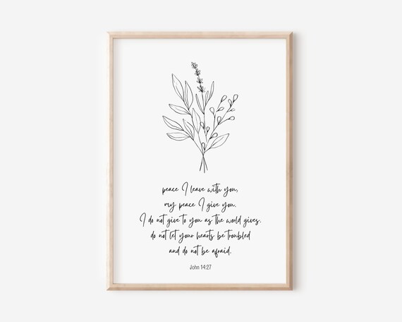 John 1427 My Peace I Leave With You Bible Verse Wall Art Christian Gift For Women Scripture Print Black And White Line Flower