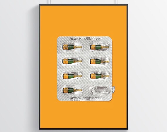 Champagne Blister Pill Pack Orange Pop Art Funny Bar Decor Poster