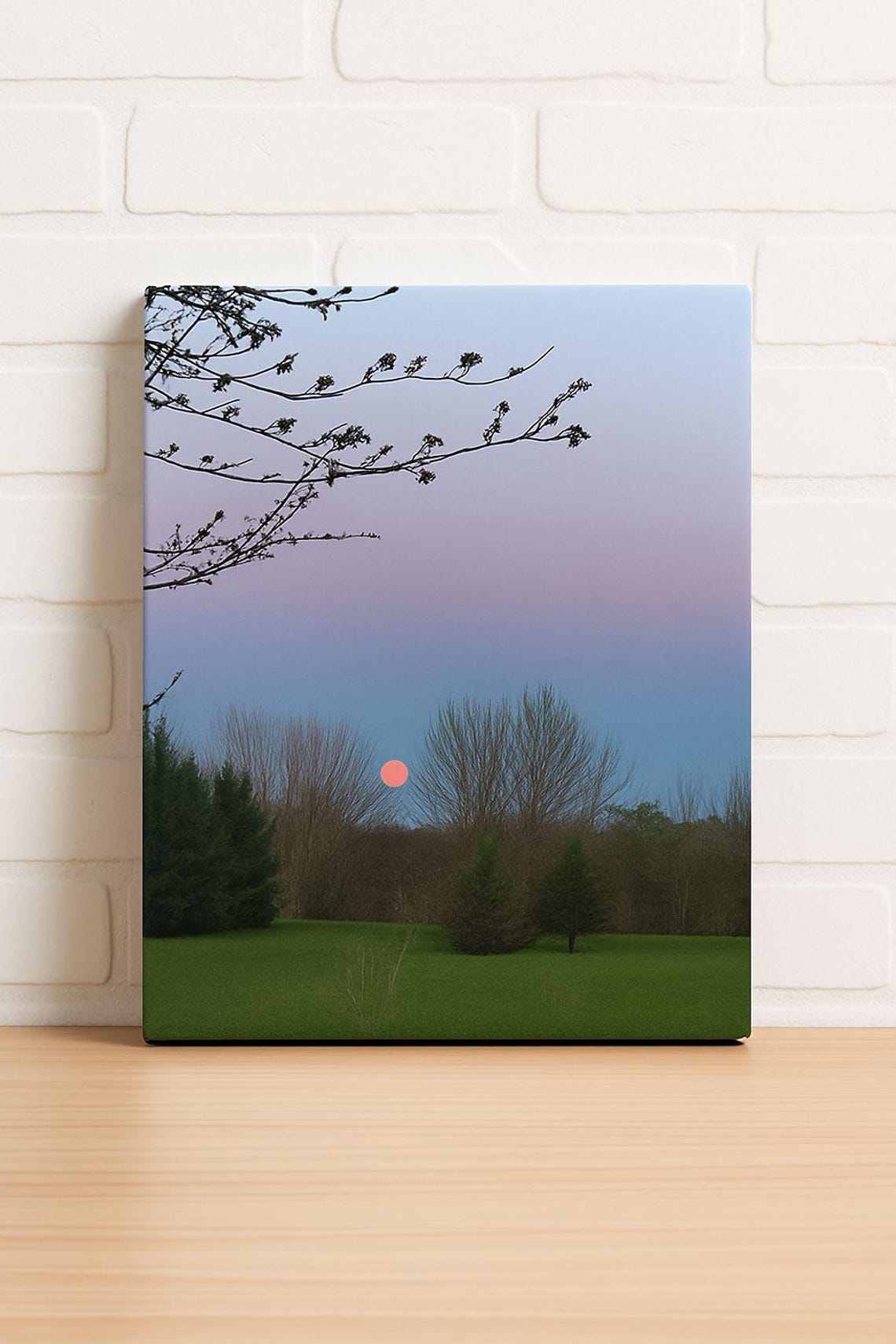 Pink Moon Over Green Meadow Twilight Landscape Photography Poster