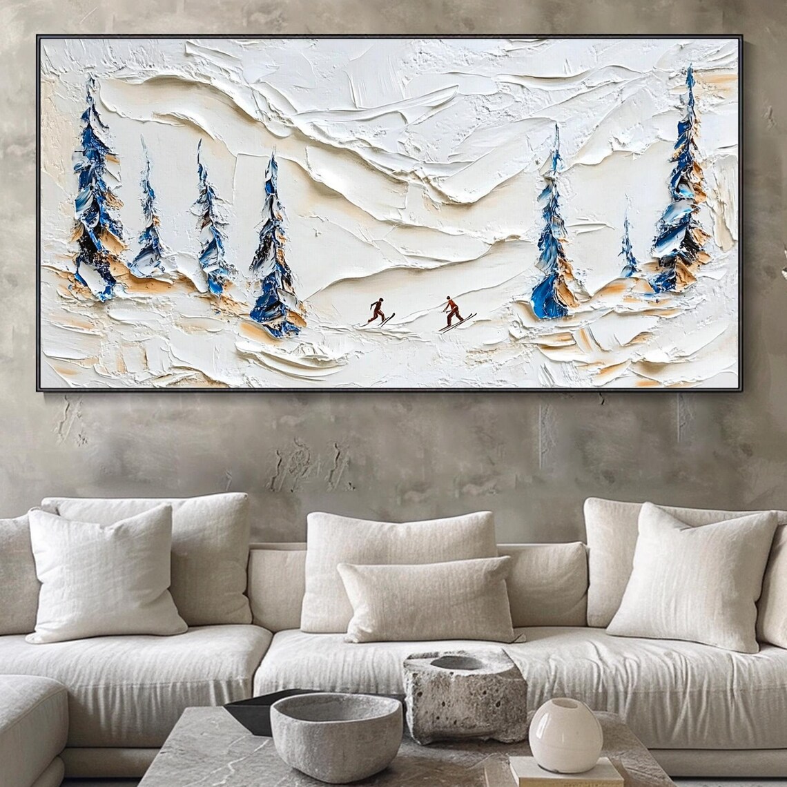 Skiers on Snowy Mountain Pines White Textured Winter Ski Art Poster