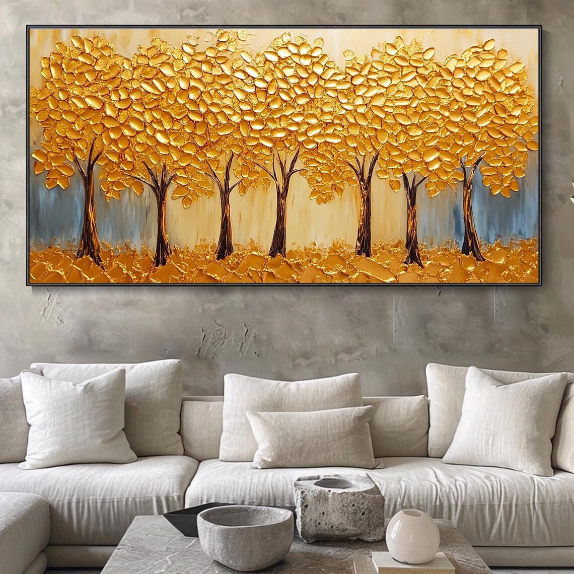 Golden Leaf Trees Row Rich Gold Foliage Luxury Textured Wall Art