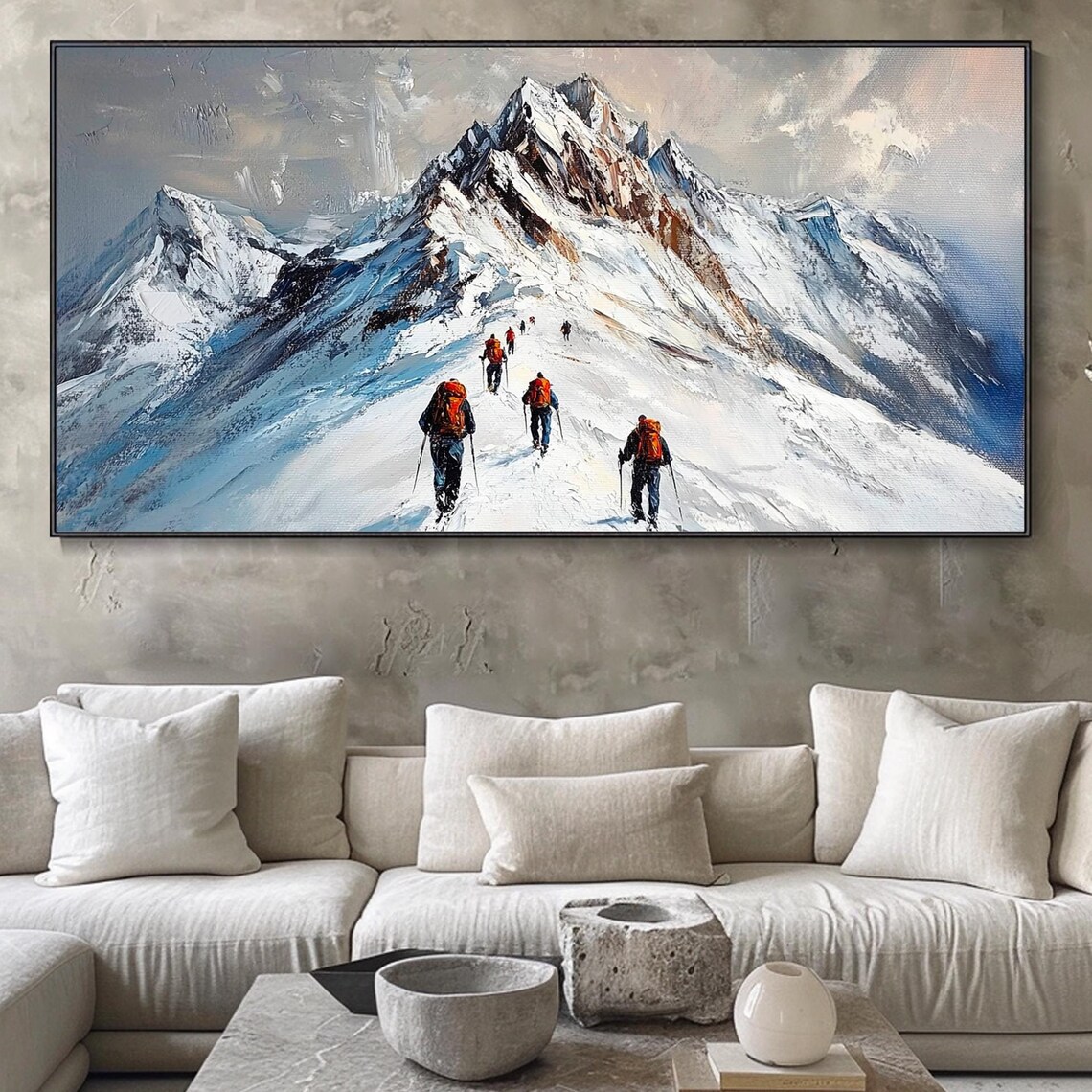 3d Texture Snow Mountain Art Hiking Oil Painting On Mountain Hikers Painting Large Living Room Wall Art Texture Look Art Outdoor Art