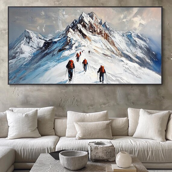 3d Texture Snow Mountain Art Hiking Oil Painting On Mountain Hikers Painting Large Living Room Wall Art Texture Look Art Outdoor Art