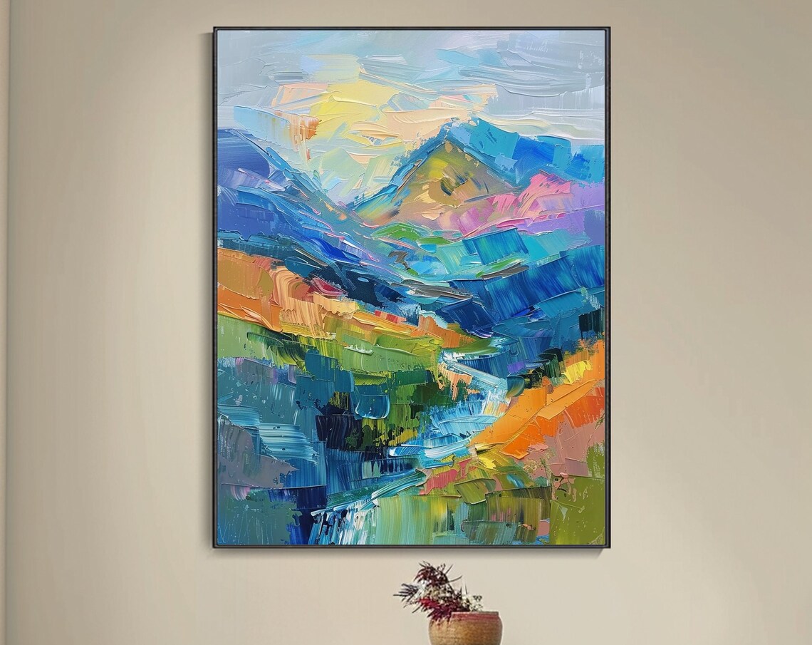 Abstract Blue Mountain Peaks Sunrise Impasto Landscape Art Poster