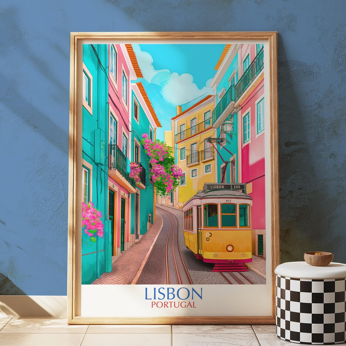 Lisbon Portugal Illustrated Travel Poster Yellow Tram Colorful Street Bougainvillea Art