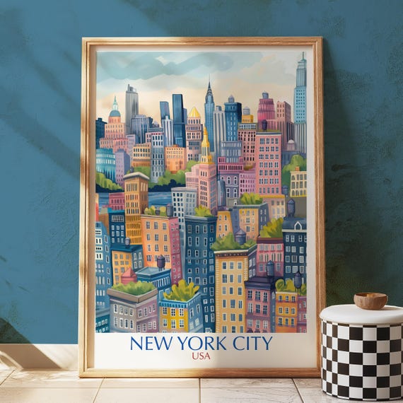 New York City Art Print Colorful Manhattan Skyline Wall Usa Travel Illustration